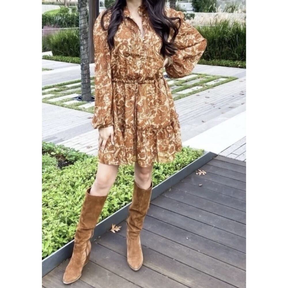 House Of Harlow Size 6 Paisley Metallic Gold Ruffle Lined Dress Long Sleeve Boho